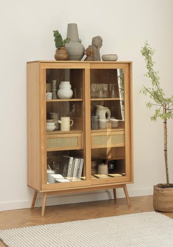 Barrali vitrineskap, m. 2 glassdrer og 2 skuffer - naturlig rotting og eik (H:160)