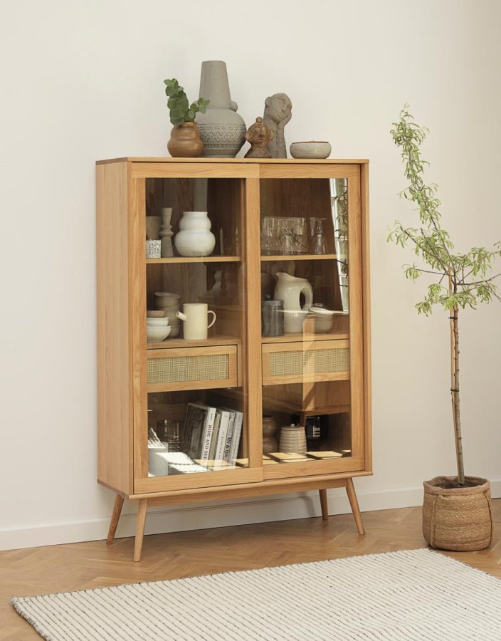 Barrali vitrineskap, m. 2 glassdrer og 2 skuffer - naturlig rotting og eik (H:160)