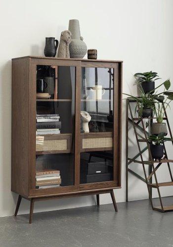 Barrali Vitrine mit 2 Glastüren und 2 Schubladen – Rattan und geräucherte Eiche (H:160)