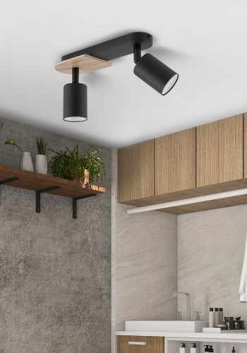 TK Cover loftlampe, m. 2 skrme - valnddefarvet tr og sort stl