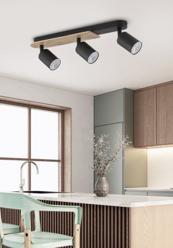 TK Cover loftlampe, m. 3 skrme - valnddefarvet tr og sort stl