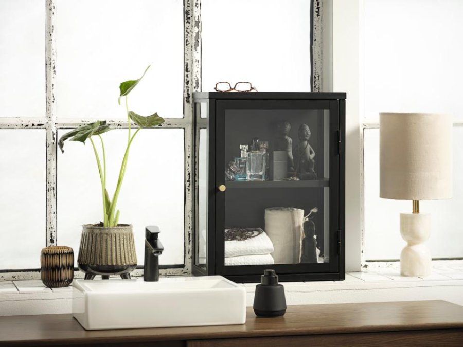 Carmel vgskab, m. 1 lge og 1 hylde - glas og sort metal (H:60xB:45)