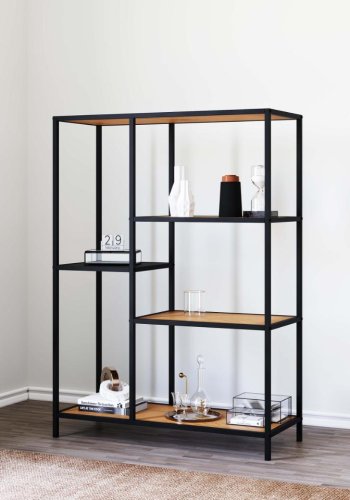 Altino Bücherregal, mit 3 Regalen – natürliches Wildmelamin und schwarzes Metall (H: 112)