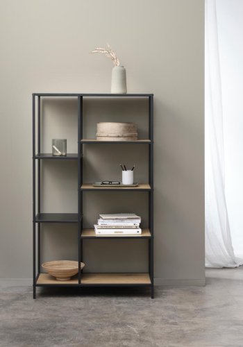 Altino Bücherregal, mit 5 Regalen – natürliches Wildmelamin und schwarzes Metall (H:146)