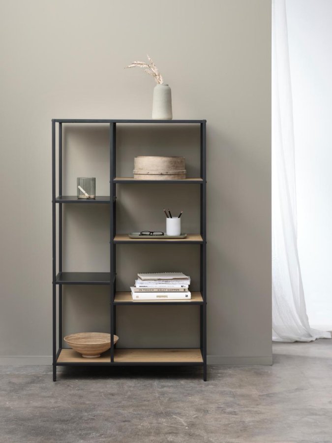 Altino Bücherregal, mit 5 Regalen – natürliches Wildmelamin und schwarzes Metall (H:146)