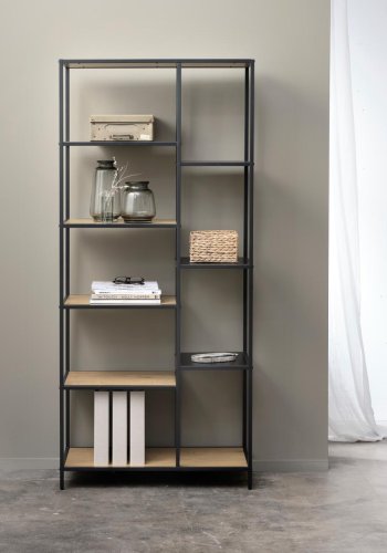 Altino Bücherregal, mit 5 Regalen – natürliches Wildmelamin und schwarzes Metall (H: 180)