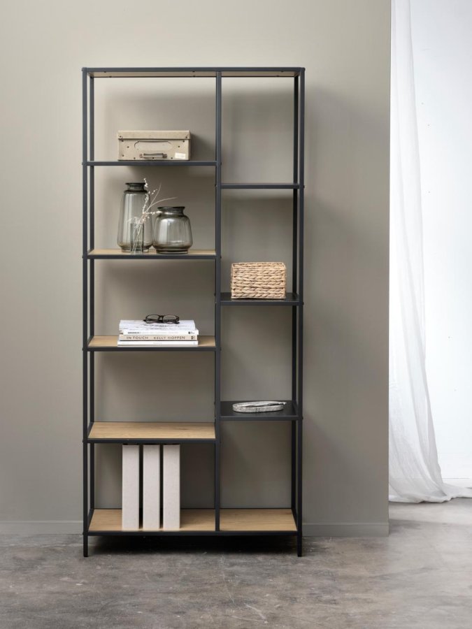 Altino Bücherregal, mit 5 Regalen – natürliches Wildmelamin und schwarzes Metall (H: 180)