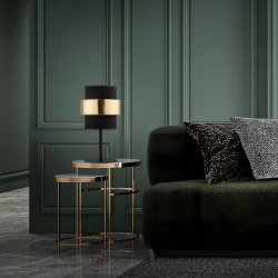 CALISTO sengebordslampe m. 3 skrme - sort stof og guld stl