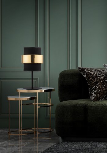 TK Calisto bordlampe, m. 3 skrme - sort stof og guld stl