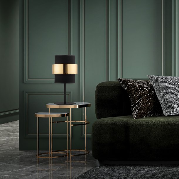 CALISTO sengebordslampe m. 3 skrme - sort stof og guld stl