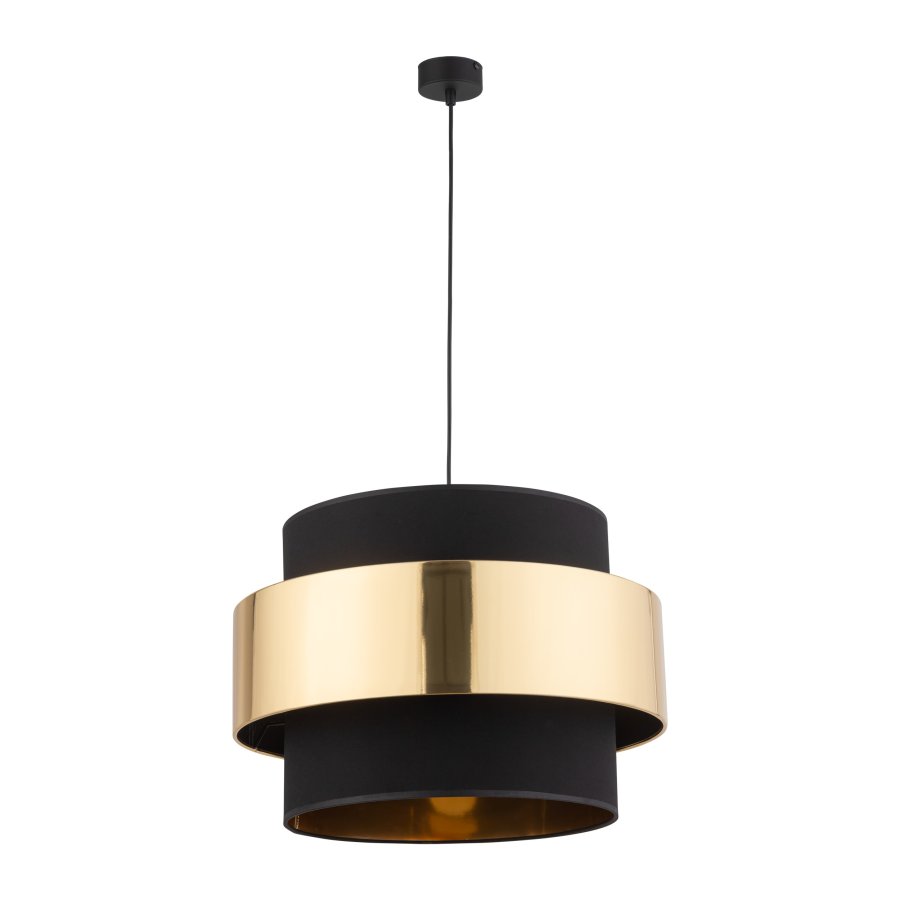 TK Calisto loftlampe, m. 3 skrme - sort stof og guld stl