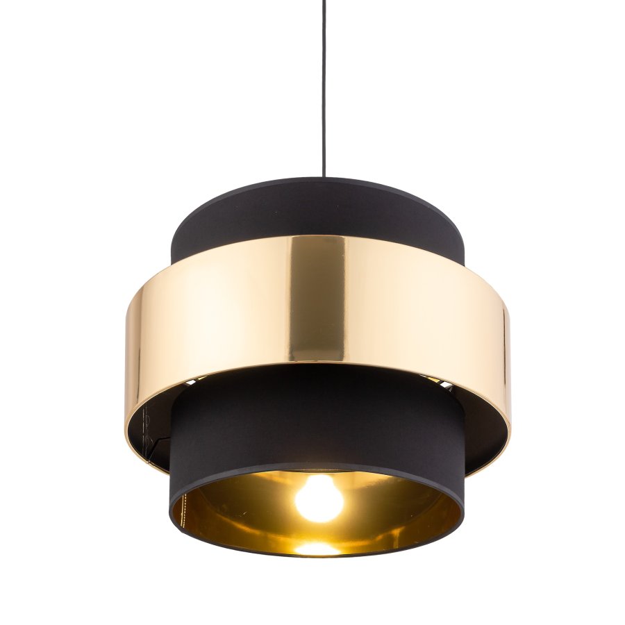 TK Calisto loftlampe, m. 3 skrme - sort stof og guld stl
