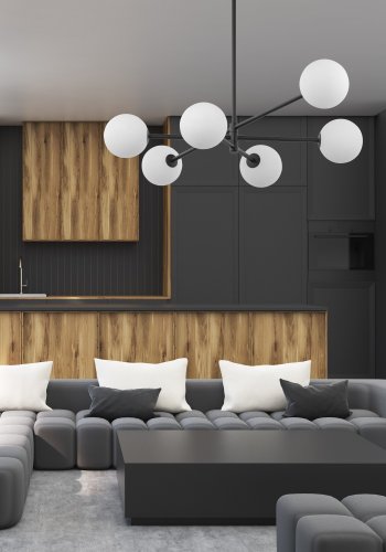 TK Sarius Deckenleuchte, High, mit 6 Schirmen - weißes Glas und schwarzes Metall