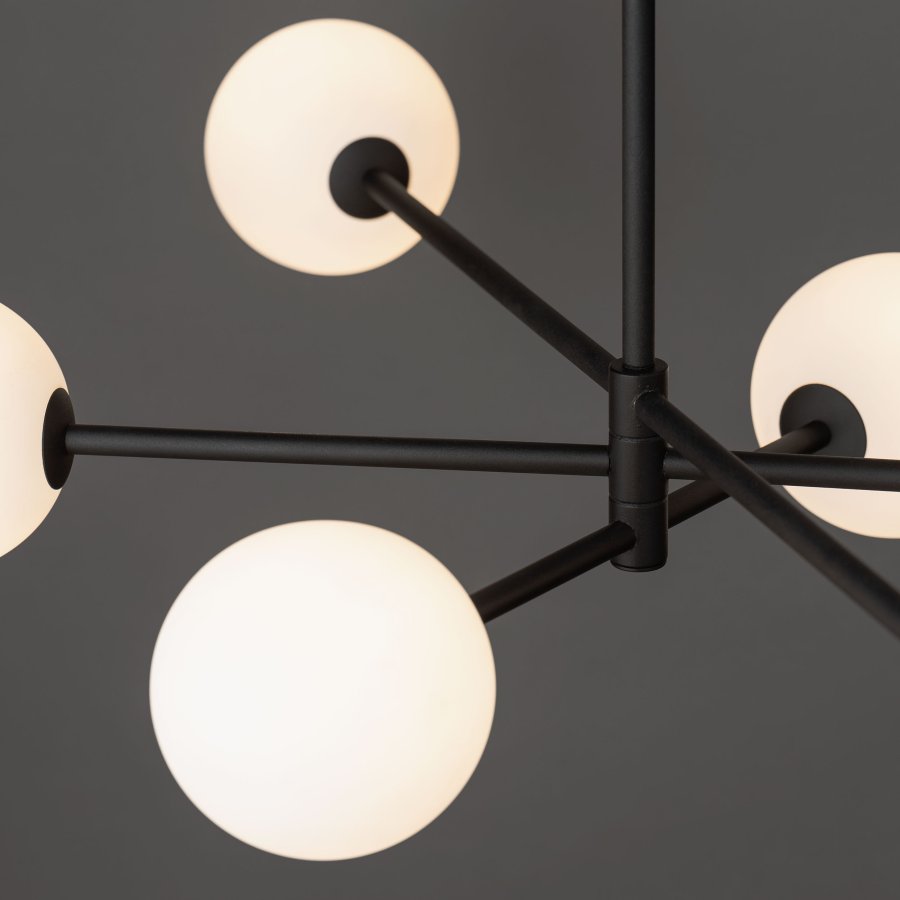 TK Sarius Deckenleuchte, High, mit 6 Schirmen - weißes Glas und schwarzes Metall