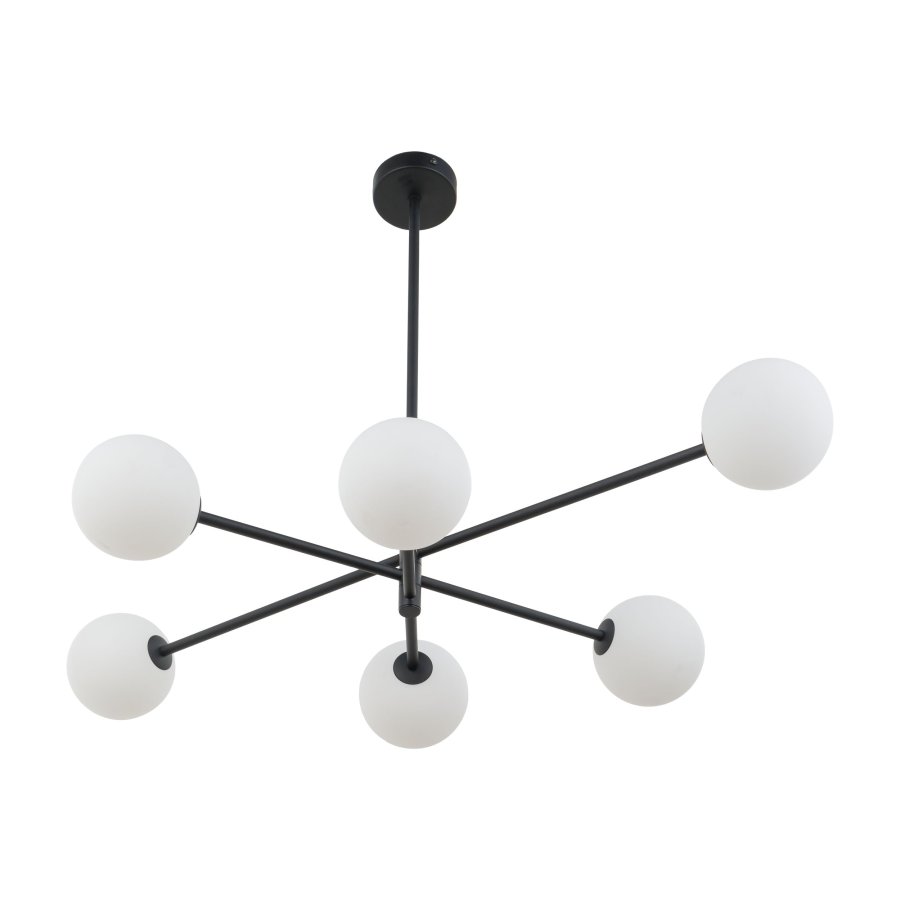 TK Sarius Deckenleuchte, High, mit 6 Schirmen - weißes Glas und schwarzes Metall