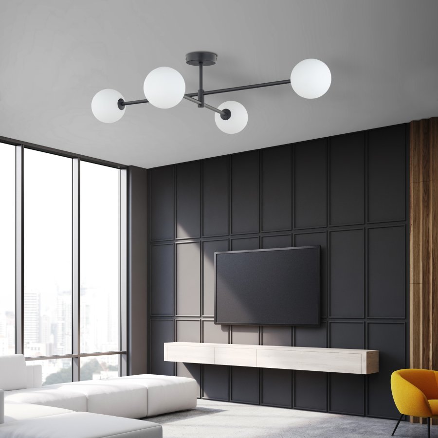 TK Sarius loftlampe, m. 4 skjermer - hvitt glass og sort metall