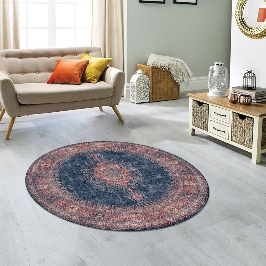 TEPPI Blues gulvtppe, m. mnster, rund - multifarvet polyester (150)