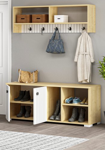 FUNZI LIVING Sarandon entrsett, med hattehylle og skoskap - hvit og safirgrnn melamin