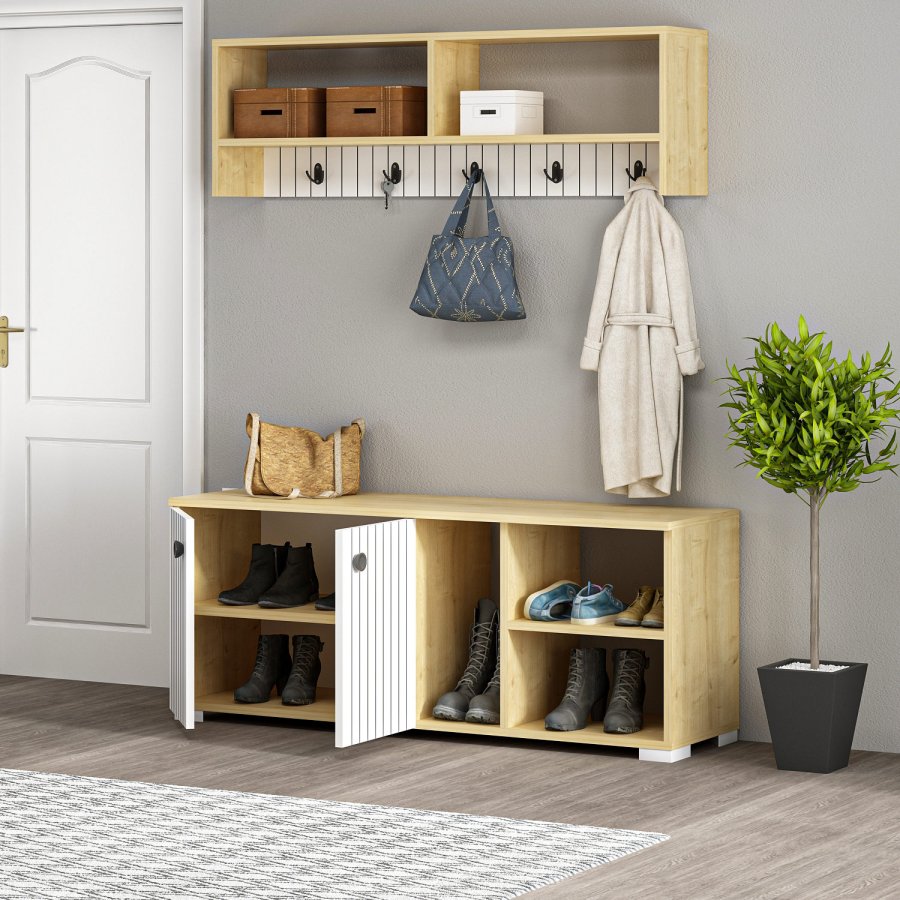 FUNZI LIVING Sarandon entrsett, med hattehylle og skoskap - hvit og safirgrnn melamin