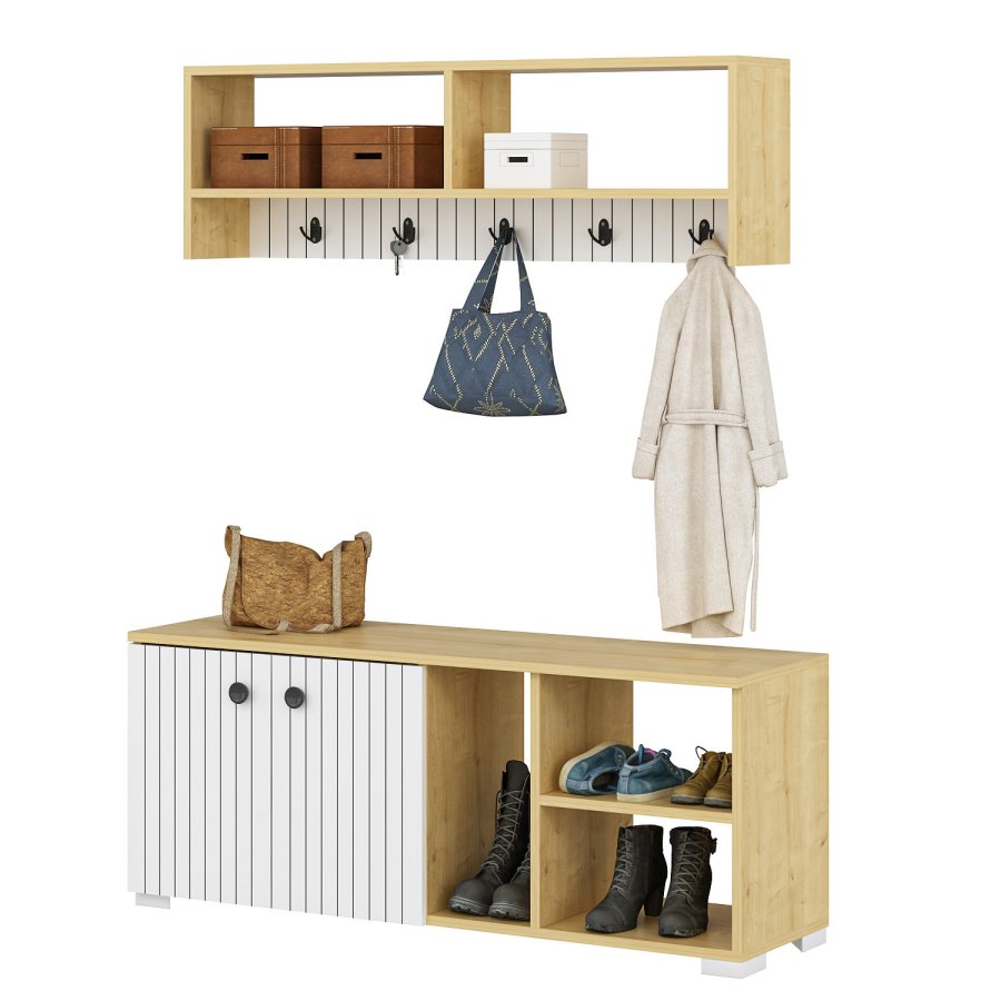 FUNZI LIVING Sarandon entrsett, med hattehylle og skoskap - hvit og safirgrnn melamin