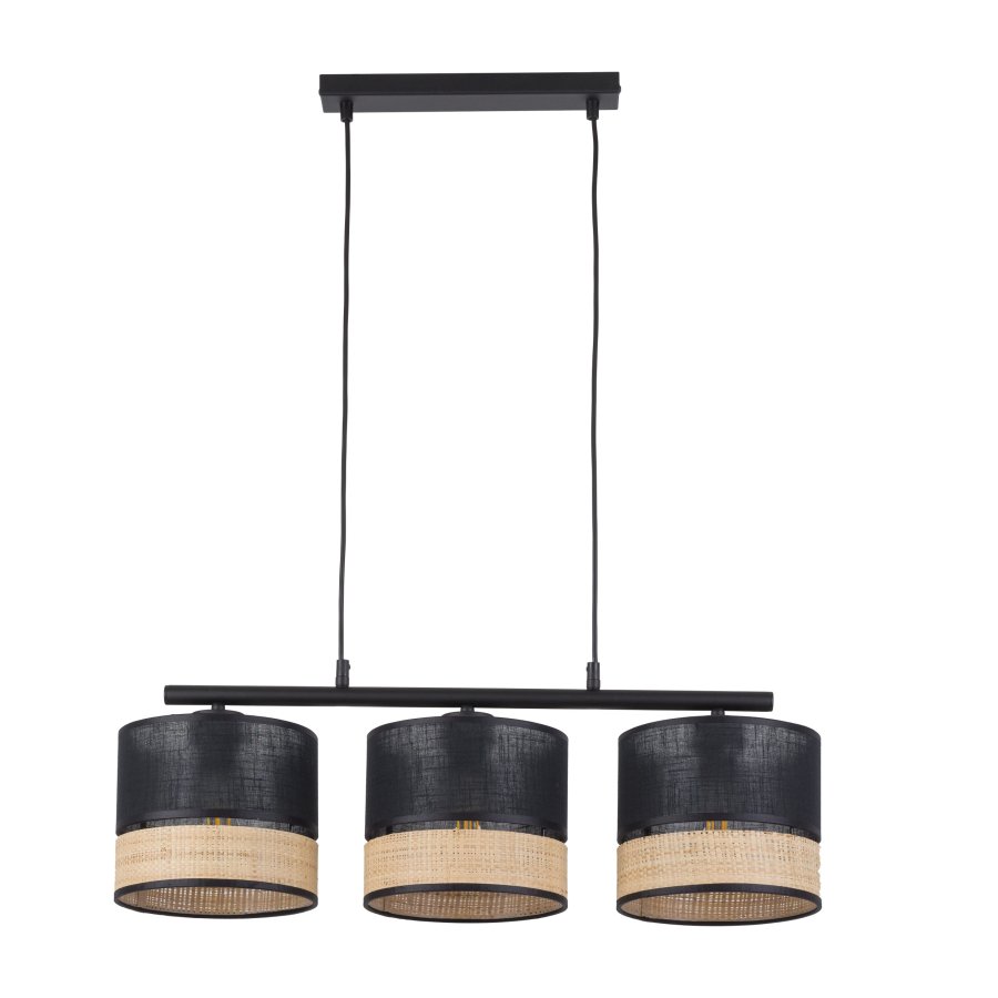 TK Paglia taklampe, m. 3 skjermer - svart stoff og naturlig flettet