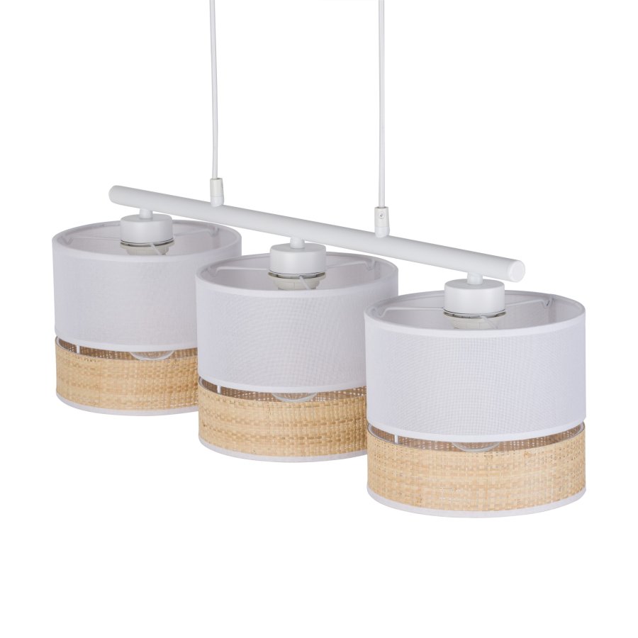 TK Paglia taklampe, m. 3 skjermer - hvitt stoff og naturlig flettet