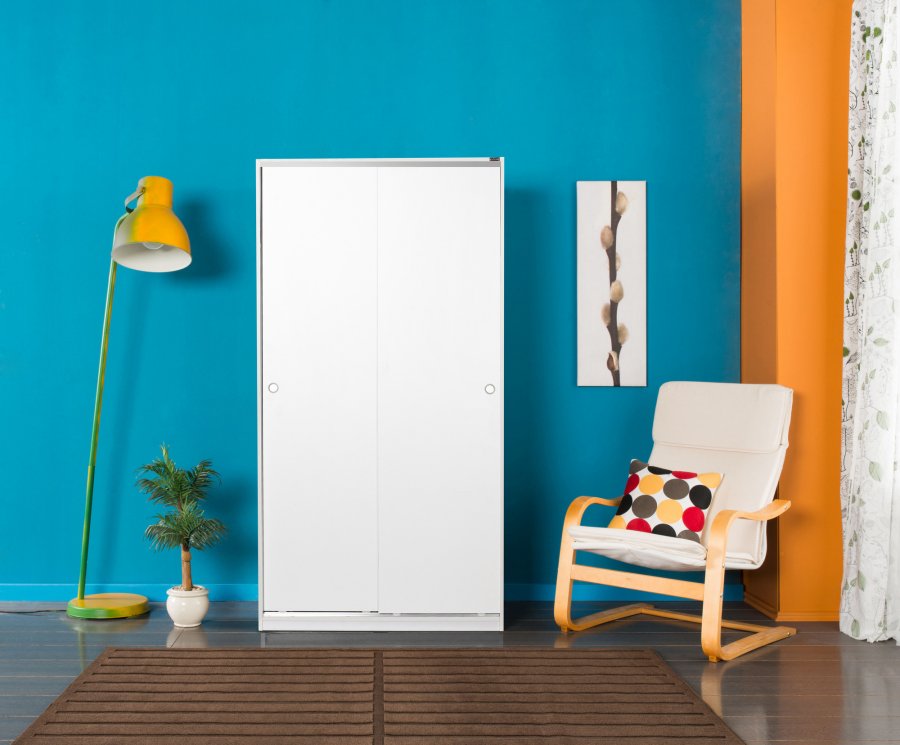 FUNZI LIVING SWD Kleiderschrank, m. 2 Schiebetüren, 1 Kleiderstange, 5 Einlegeböden - Melamin weiß