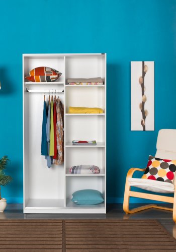 FUNZI LIVING SWD Kleiderschrank, m. 2 Schiebetüren, 1 Kleiderstange, 5 Einlegeböden - Melamin weiß