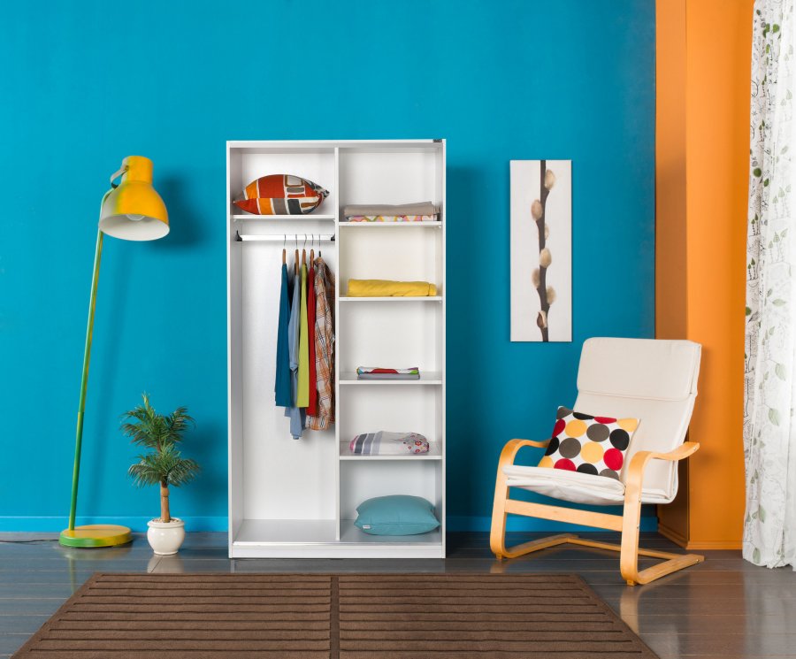 FUNZI LIVING SWD Kleiderschrank, m. 2 Schiebetüren, 1 Kleiderstange, 5 Einlegeböden - Melamin weiß