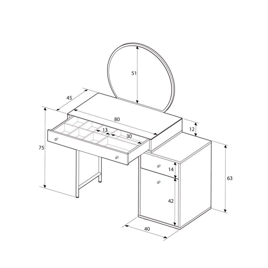NORDVÄRK Tmu-712-Vv-1 sminkebord, med speil, 1 dr, 1 hylle, 2 skuffer - glass og melamin (108x47)