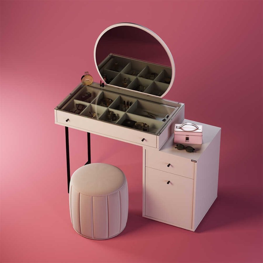 NORDVÄRK Tmu-712-Vv-1 sminkebord, med speil, 1 dr, 1 hylle, 2 skuffer - glass og melamin (108x47)