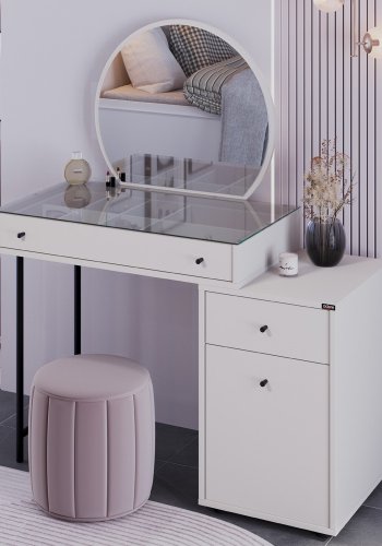 NORDVÄRK Tmu-712-Vv-1 sminkebord, med speil, 1 dr, 1 hylle, 2 skuffer - glass og melamin (108x47)