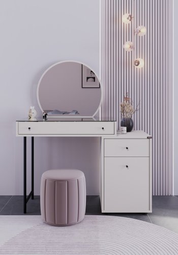 NORDVÄRK Tmu-712-Vv-1 sminkebord, med speil, 1 dr, 1 hylle, 2 skuffer - glass og melamin (108x47)