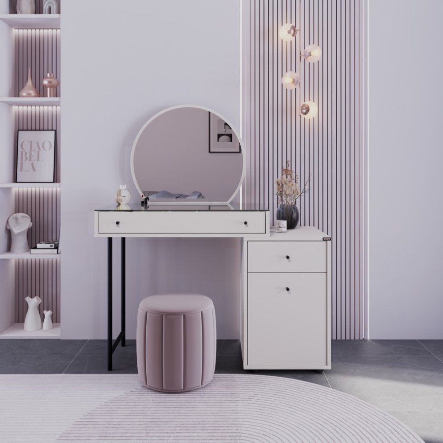 NORDVÄRK Tmu-712-Vv-1 sminkebord, med speil, 1 dr, 1 hylle, 2 skuffer - glass og melamin (108x47)