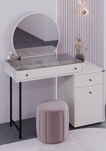 NORDVÄRK Tmu-712-Vv-1 sminkebord, med speil, 1 dr, 1 hylle, 2 skuffer - glass og melamin (108x47)