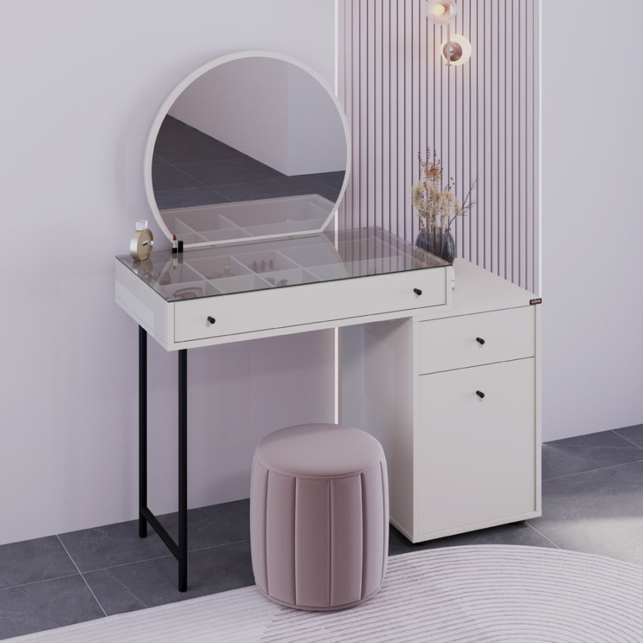 NORDVÄRK Tmu-712-Vv-1 sminkebord, med speil, 1 dr, 1 hylle, 2 skuffer - glass og melamin (108x47)
