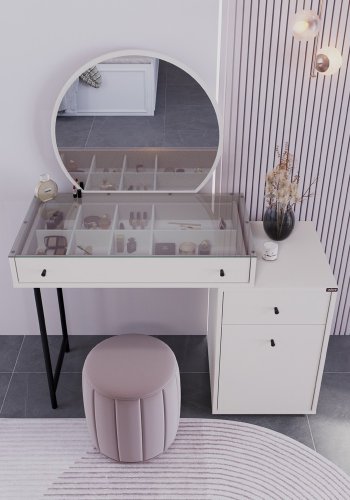 NORDVÄRK Tmu-712-Vv-1 sminkebord, med speil, 1 dr, 1 hylle, 2 skuffer - glass og melamin (108x47)