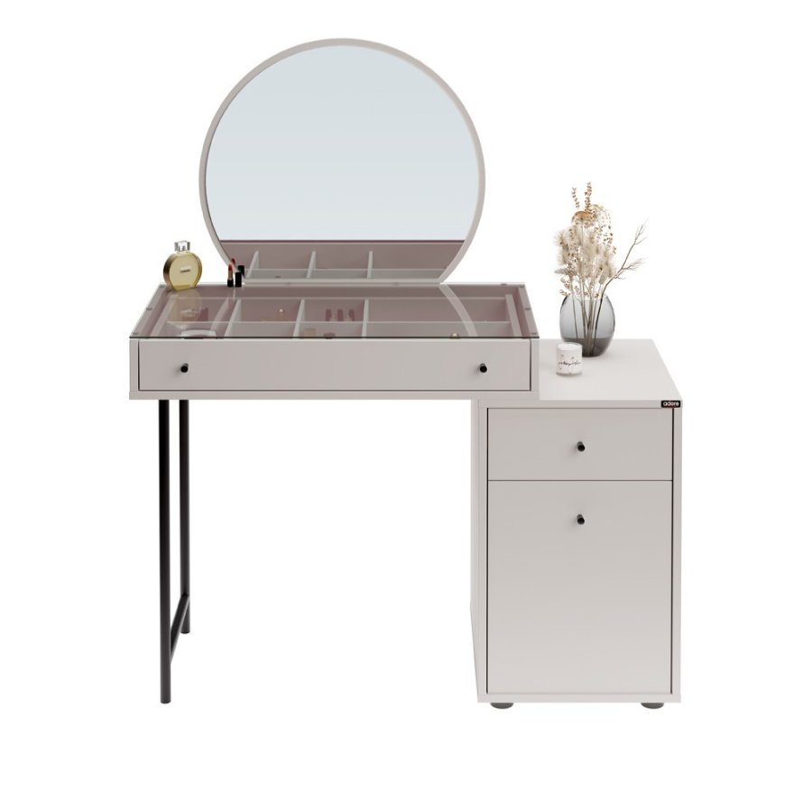 NORDVÄRK Tmu-712-Vv-1 sminkebord, med speil, 1 dr, 1 hylle, 2 skuffer - glass og melamin (108x47)