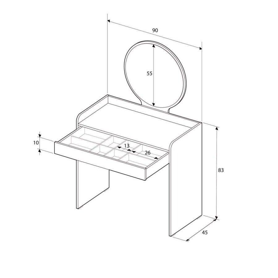 NORDVÄRK Tmu-701-Vv-1 sminkebord, m. speil, 1 skuff - melamin (90x47)