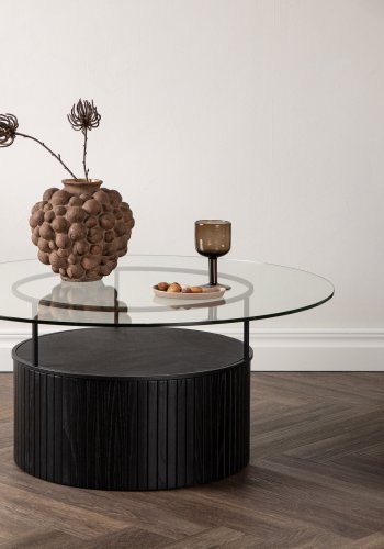 VENTURE DESIGN Bovall Couchtisch, rund – Klarglas und schwarze Esche/Metall (90)