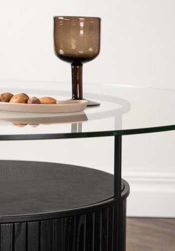 VENTURE DESIGN Bovall Couchtisch, rund – Klarglas und schwarze Esche/Metall (90)