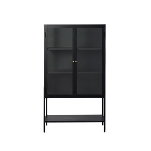 Carmel skp, hga ben, m. 2 drrar och 3 hyllor - glas och svart metall (H:160)