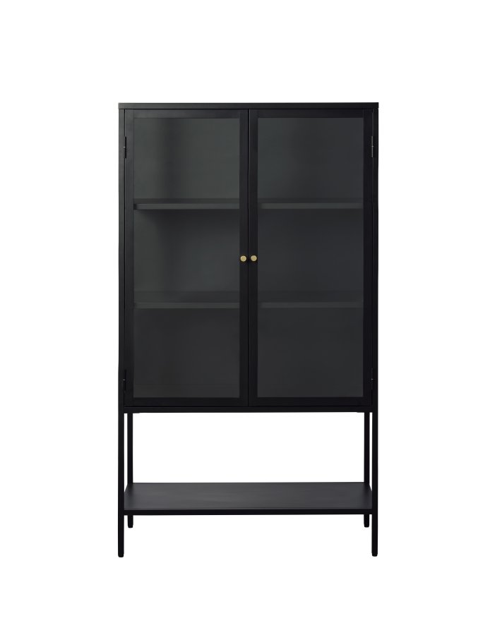 Carmel skab, hje ben, m. 2 lger og 3 hylder - glas og sort metal (H:160)