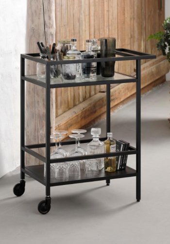 Bronco Servierwagen, mit 1 Ablage - geriffeltes Glas und schwarzes Metall (70x42)