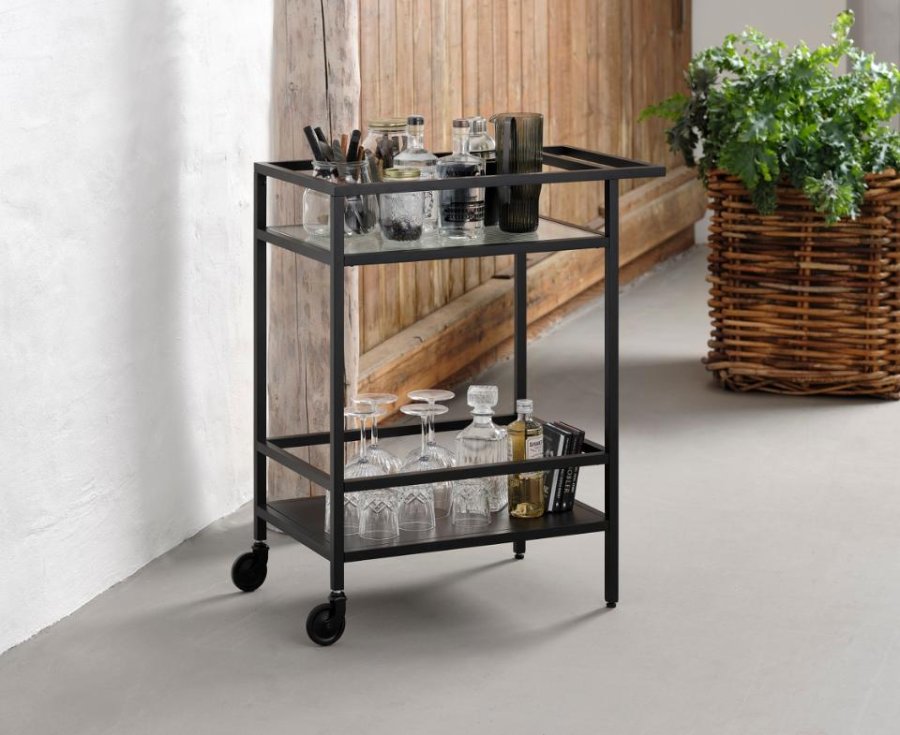 Bronco Servierwagen, mit 1 Ablage - geriffeltes Glas und schwarzes Metall (70x42)