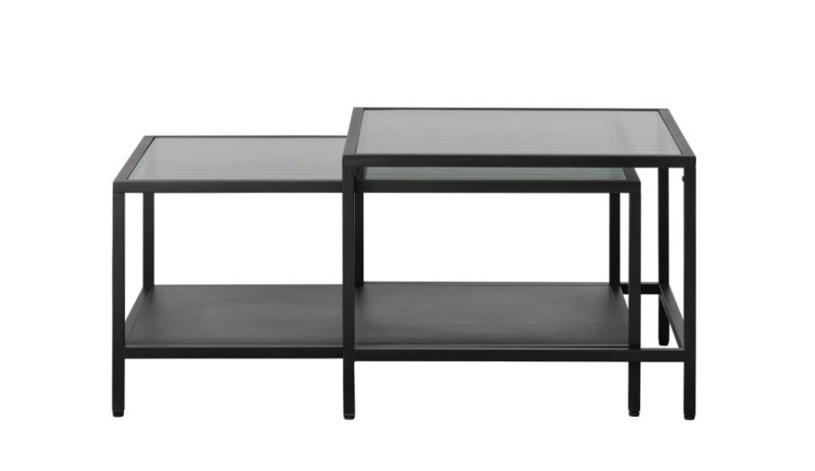Bronco Nest Couchtisch, mit 1 Ablage – geriffeltes Glas und schwarzes Metall (60-90x60-45)