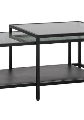 Bronco Nest Couchtisch, mit 1 Ablage – geriffeltes Glas und schwarzes Metall (60-90x60-45)