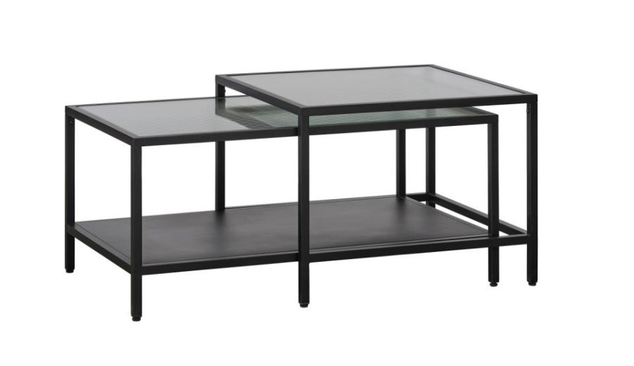Bronco Nest Couchtisch, mit 1 Ablage – geriffeltes Glas und schwarzes Metall (60-90x60-45)
