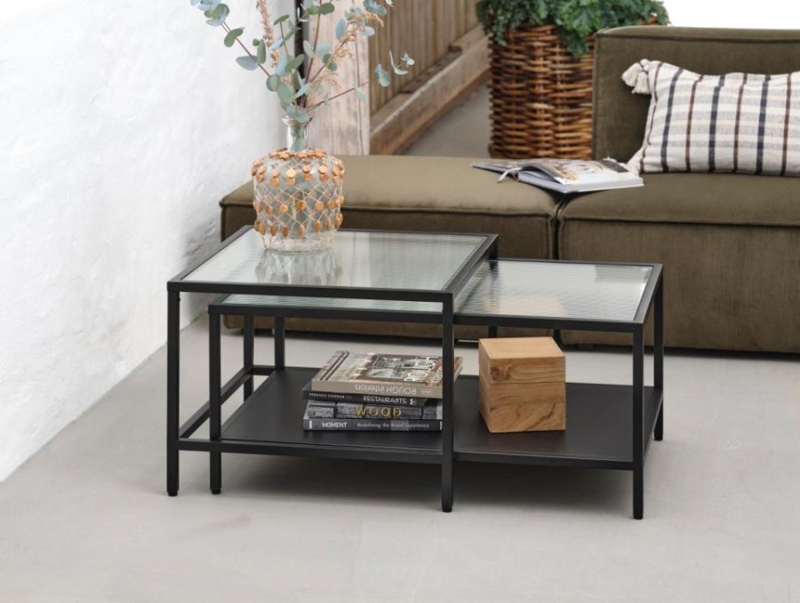 Bronco Nest Couchtisch, mit 1 Ablage – geriffeltes Glas und schwarzes Metall (60-90x60-45)