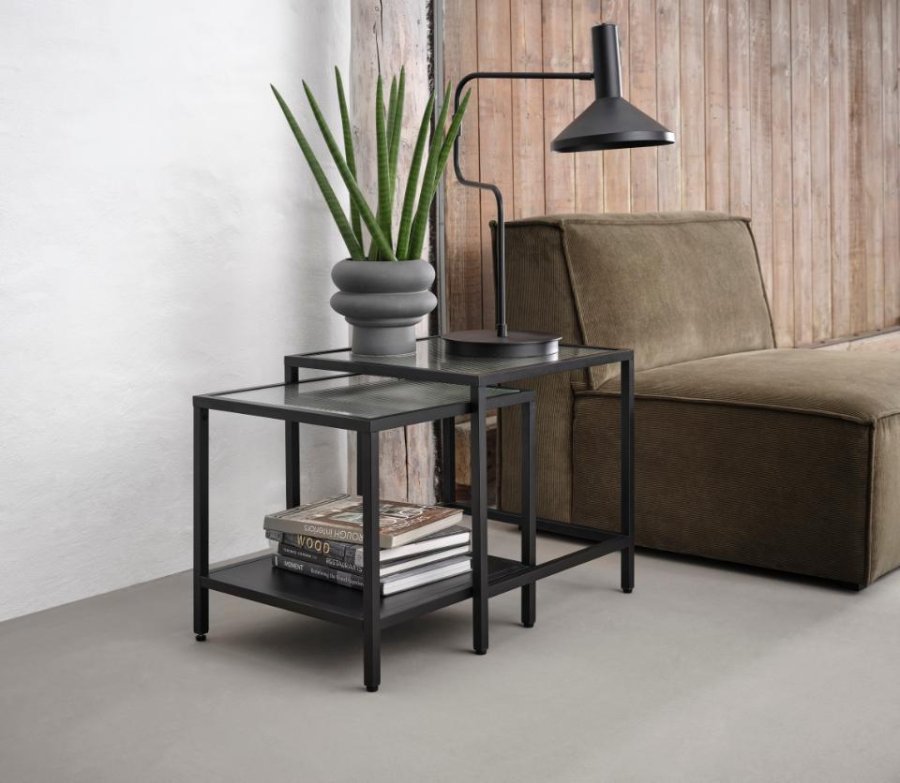 Bronco sidebord, m. 1 hylle - riflet glass og svart metall (50-45x50-45)